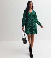 New Look Green Floral Long Sleeve Frill Mini Dress